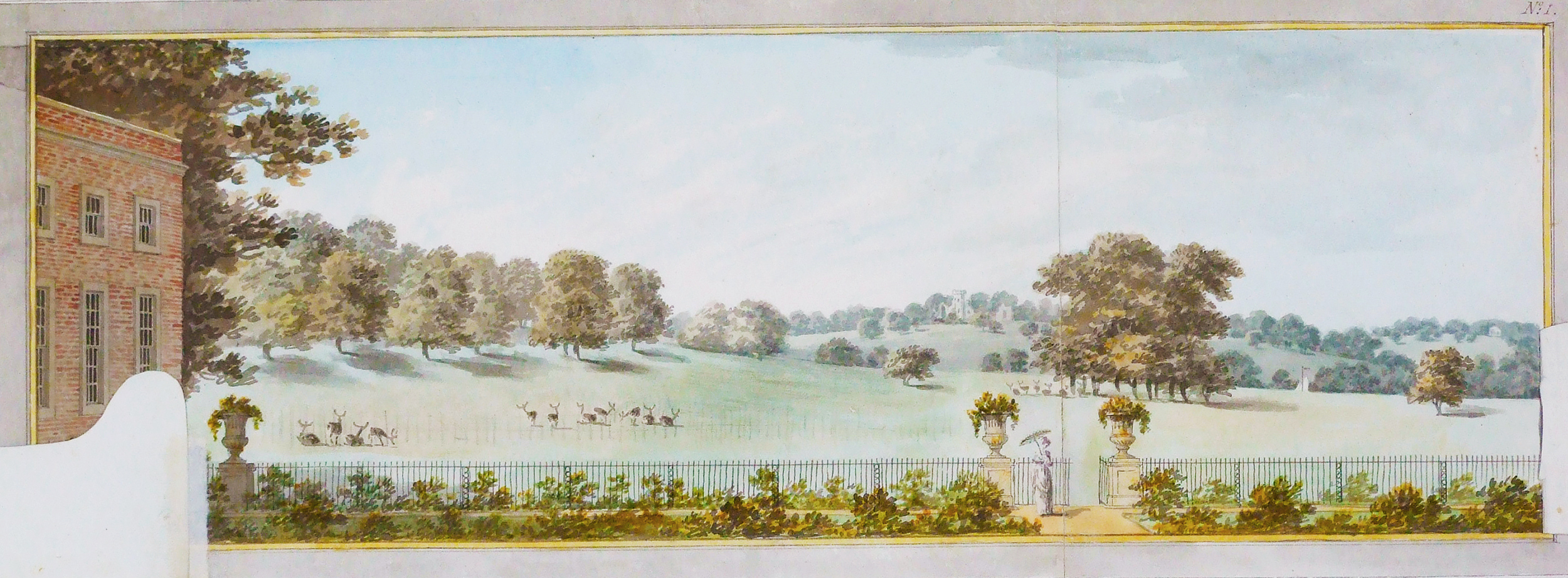 View from the north of the house at Wimpole, Cambridgeshire, Plate I from the Wimpole Red Book by Humphry Repton, 1801 © National Trust 